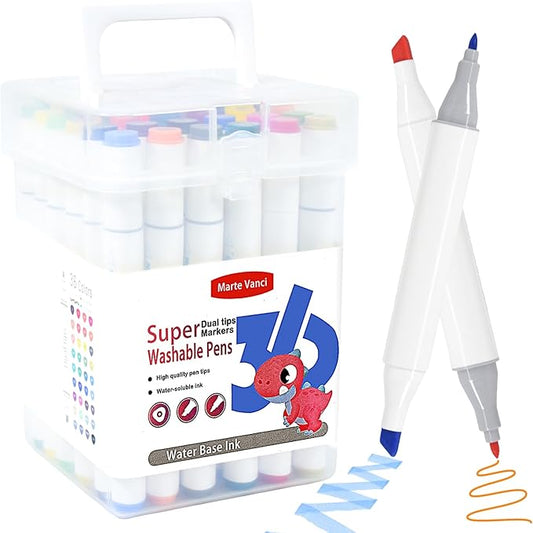 Marte Vanci Washable Markers for Kids, 36 Colors Dual Tip Markers with Carrying Case, Coloring Pens, Kids Marker Set for Coloring, School Art Supplies for Boys Girls