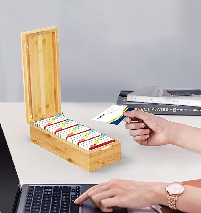 Neando Bamboo Business Card Organizer for 2x3.5 Cards – 600-Card Capacity Wooden Holder with Lid, 4 Compartments, Includes 20 Thick Index Cards – Natural Mini Card Filing Box
