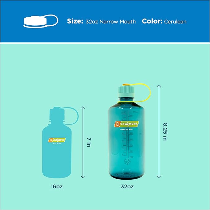 Nalgene 32 oz Narrow Mouth Water Bottle | BPA-Free, Durable & Leak Proof, Lightweight Bottle for Hiking, Gym & Travel, Cerulean