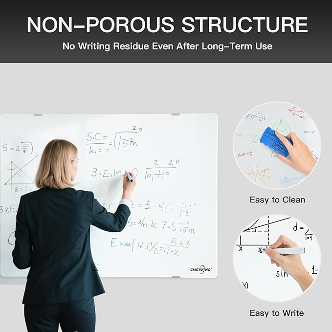 48"x36" Magnetic Glass Whiteboard, Frameless Wall Mounted Dry Erase Board, Anti Ghosting, Scratch Resistant, Complete Mounting Kit for Office, Classroom, Home