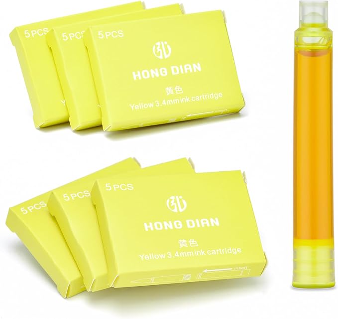Asvine Hongdian Fountain Pen Yellow Ink Cartridges, Set of 30 Refill Ink Cartridges, 3.4 mm Bore Diameter