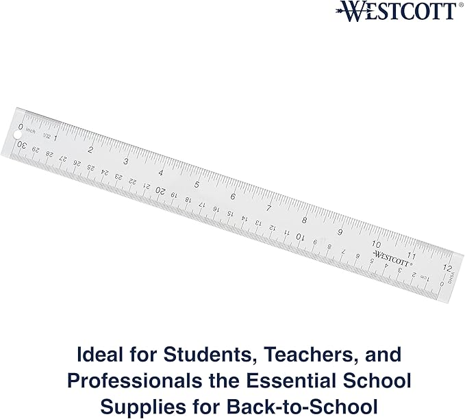 Westcott Acrylic Clear Rulers Set, Easy-to-Read Markings, Scratch-Resistant Design, Raised Beveled Edges, for Crafting, Office, Classroom, Back to School, School Supplies, 12-Inch, 3 Pack