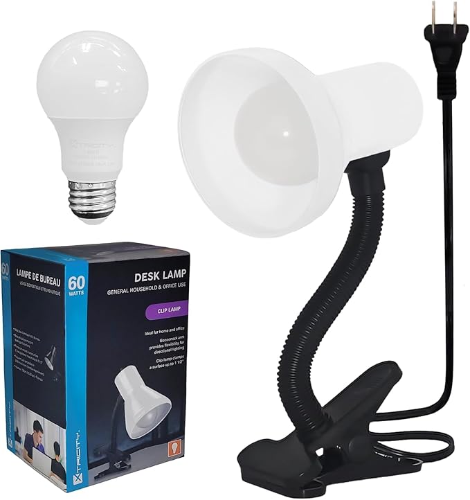 Xtricity LED Clip on Desk Lamp with 360° Flexible Gooseneck, Reading Light for Bed Headboard– A19 Bulb Included, 120V, On/Off Switch, 10.25” Height Table Lamp with White Finish