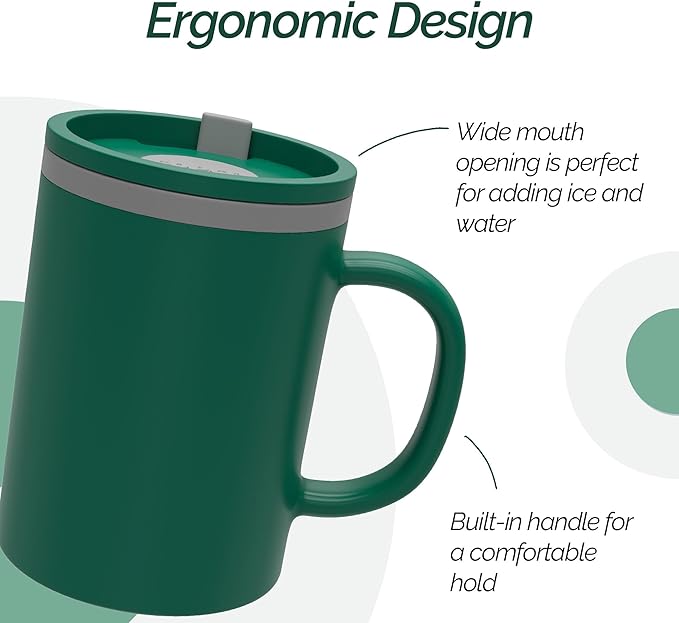 Copco Iconic 16oz Double Wall Insulated Desk Mug with Lid & Handle, Set of 2, BPA-Free Reusable Plastic, Spill-Resistant, Microwave & Dishwasher Safe, Wide Mouth (Green/Hunter Green)