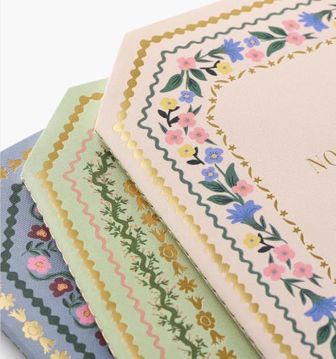 RIFLE PAPER CO. Gemma Stitched Notebook Set, 8.5" L x 6" W, Set Of 3, 64 Ruled Pages With Gold Ink, Full-Color Die-Cut Canvas Cover With White Text Paper Interior