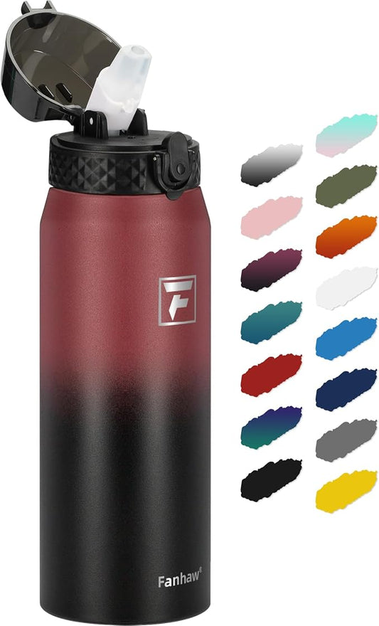 Fanhaw 24 Oz Kids Insulated Stainless Steel Water Bottle with Straw Lid, Leakproof & Anti-Dust Everyday Use Bottle for School, Women & Men, Back to School Essentials (Red Black)