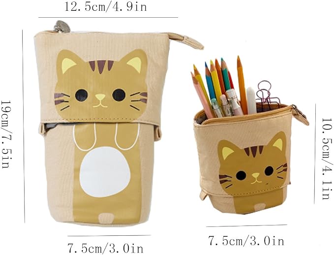 iSuperb Standing Pencil Pouch Pencil Case Cute Cat Telescopic with Zipper Canvas Kwaii Cartoon Pencil Bag Stationery Box for Kids Girls Boys School Supplies 7.5 x 4.9 x 3.0inch/4.1x 3.0inch