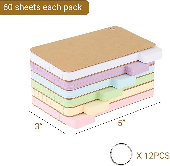 zmybcpack 12 Pack 720 Pcs 3x5 Inches Tabbed Index Cards, Colorful Flash Cards with 12 Binder Rings, Ruled Index Cards Lined Note Cards for Study, School,Office Home