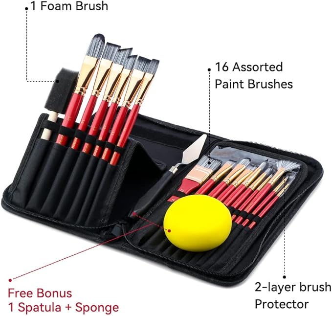 Transon 20Pcs Art Paint Brush Kit with Storage Case, 16 Brushes + Foam Brush Spatula Sponge for Acrylic Oil Watercolor Gouache, Adults Teens Beginners Art Supplies
