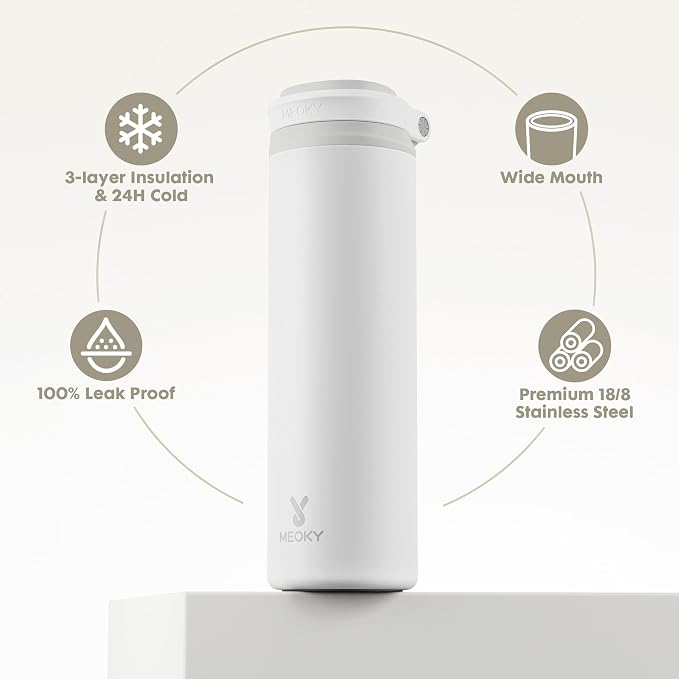 Meoky 24 oz Insulated Water Bottle: Flip-to-Pop Straw, Leak Proof, 24H Cold, Fits in Car Cup Holder, Wide Mouth, BPA-Free, Metal Water Bottle for Travel Sports Gym Backpack, Pearl