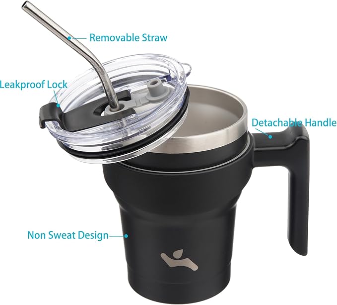 Konokyo 10 oz Tumbler with Handle and 2 Straw 2 Lid, Insulated Water Bottle Stainless Steel Vacuum Cup Reusable Travel Mug,Black