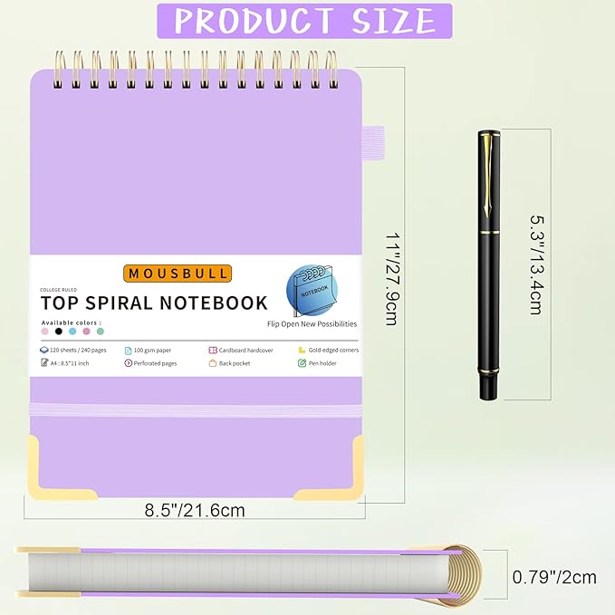 Top Spiral Notebook, A4 Hardcover Top Bound Steno Pads, 240 Pages 100gsm College Ruled Left Handed Notebook Journal for Work, School, Meeting Writing - Purple, 8.5" x 11"