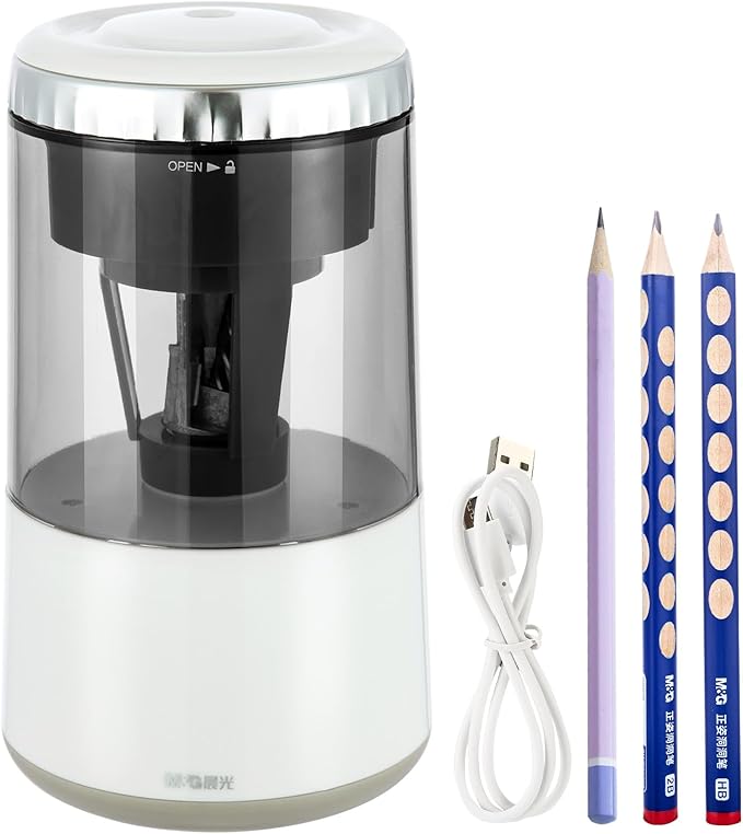 M&G White Electric Pencil Sharpener, Portable Automatic Pencil Sharpener for Colored Pencils, Auto Stop,Fully Automatic Sharp & Fast, USB Operated for 7-8mm Pencils for Kids, School, Office, Home