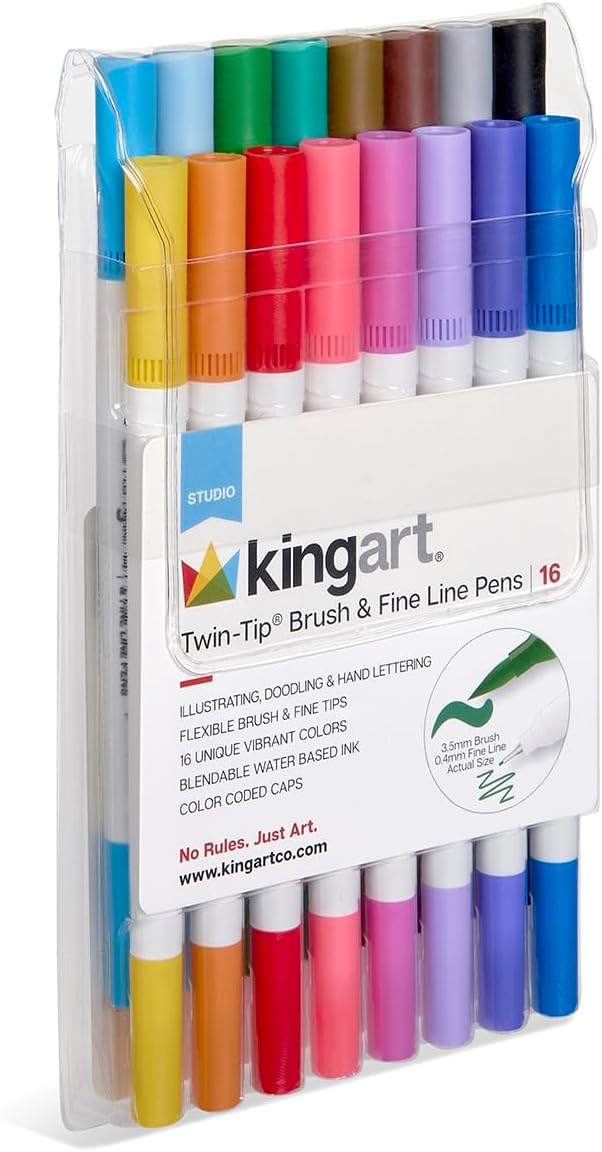 KINGART 16 Double Tip Brush Pens Art Markers, Artist Fine & Brush Pen Coloring Markers for Adult Book Cards Drawing Craft Kit Teacher Office Supplies