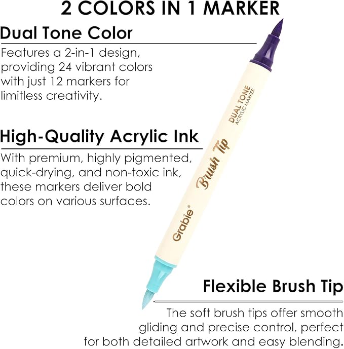 Grabie 24 Colors Acrylic Paint Markers, 12 Pack Dual Tip Soft Brush Acrylic Markers, Water-Based Paint Pens for Paper, Rock Painting, Wood, Glass, Canvas, DIY Craft Art Supplies for Adult & Kids