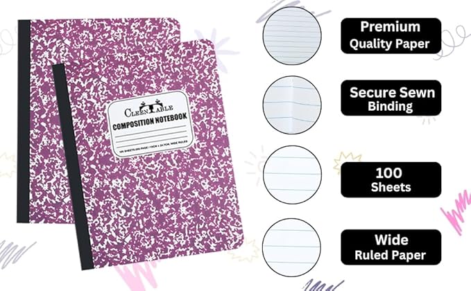 CLEENTABLE Composition Notebook 8 Pack, Wide Ruled Paper, Marble Cover Notebooks for School, 9.75 x 7.5 Inches, 100 Sheets (200 Pages), Sewn Binding Comp Books, Purple