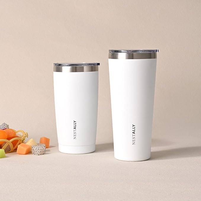 NESTALLY Coast 20oz Stainless Steel Tumbler,Extra Capacity Holds Up to 22oz, Double Wall Vacuum Insulated Travel Coffee Mug with Lid & Metal Straw, Leakproof Reusable Cup for Travel (Soft White)