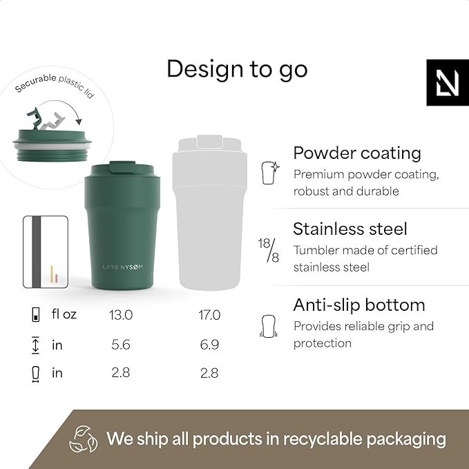 LARS NYSØM Thermo Coffee Mug to go 13oz | Travel Mug 0.38 Liter with Insulation | Silicone grip base | Leak Proof Stainless Steel Tumbler for Coffee and Tea on the Go (Powder Pine Green, 13oz)