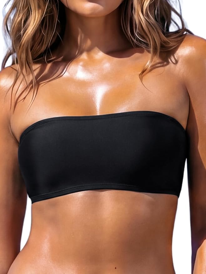 RELLECIGA Women Bandeau Swim Top Only Strapless Bikini Top Tie Back Swimsuit Tube Top