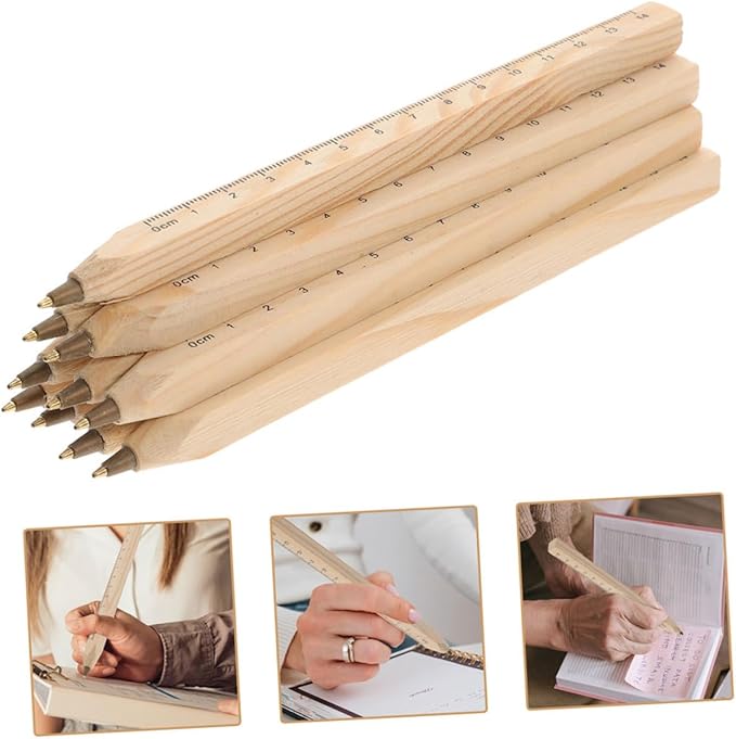 6pcs Black Ballpoint Pens with Wooden Ruler Design, Biodegradable Natural Wood Material, Engravable Signature Pens for Office and Woodwork Marking
