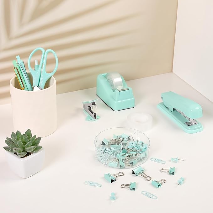 SKYDUE Teal Office Supplies Set - Desk Accessories, Stapler, Tape Dispenser, Scissors, Clips and 1000pcs Staples for Teachers