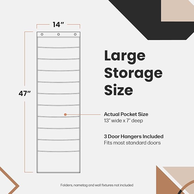 Hippo Creation Storage Pocket Chart for Classroom, 10 Pocket Storage Organizer with 3 Over-Door Hangers, Hanging Wall Organizer for File Folders, School Mailbox, Home Office Papers - Clear Blue