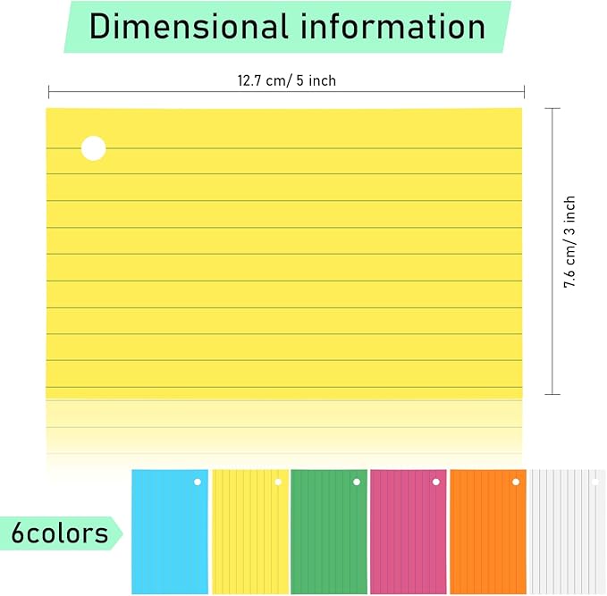 Leelosp 300 Pcs Colored Ruled Index Cards with 6 Rings 180 Gsm Thick Neon Color Study Flash Cards Single Hole Punched Lined Flashcards Studying Notecards One Side for Study(5 x 8 in,Fresh Color)