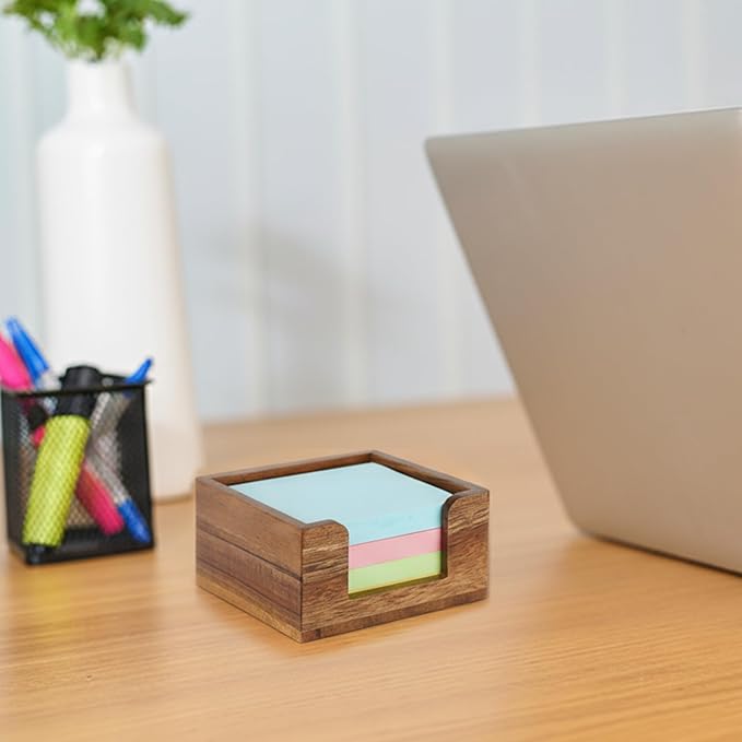 Acacia Wood Sticky Note Holder, Post It Note Dispenser for Office Desk Accessories, Self Stick Note Pad Holder, Memo Pad Holder Dispenser Organizer for School Office Desk Supplies, Brown