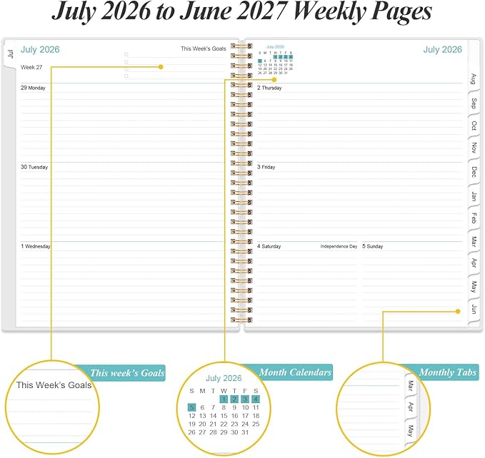 2026-2027 Planner - Planner 2026 from July 2026 to June 2027 with 12 Monthly Tabs, Flexible Cover, Inner Pocket, 8.5" x 11", Black
