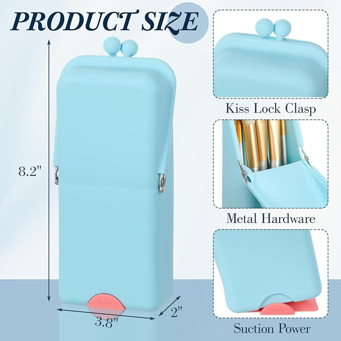 Kacctyen Makeup Brush Case Silicone Standing Makeup Brush Holder,Blue | Silicone Make up Travel Bag with Suction Portable Cosmetic Organizer Phone Stand Pouch for Travel Home Back to School Use