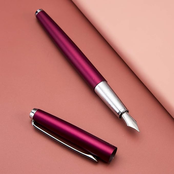 HongDian 525 Purple Red Metal Fountain Pen, Extra Fine Nib Classic Pen Includes Metal Pen Case and Refillable Converter
