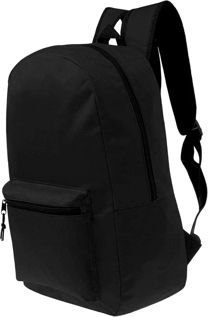 17 Inch Bulk Backpacks in Black Color with 50 Piece Student Supplies Kits - Pens, Pencils, Crayons, and More, Wholesale Case of 12 Value Bundle Packs