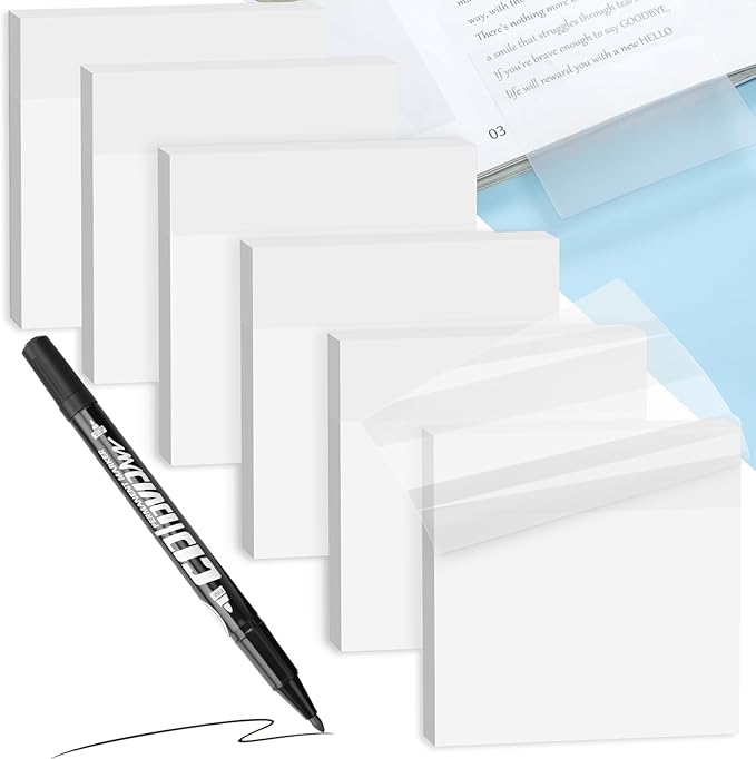 6 Pads Transparent Sticky Notes with Marker, Tecolu Clear Sticky Note 3x3, 5X The Sticking Power Translucent Bible Sticky Note, Waterproof & See-Through for Books Annotation School Office Supplies