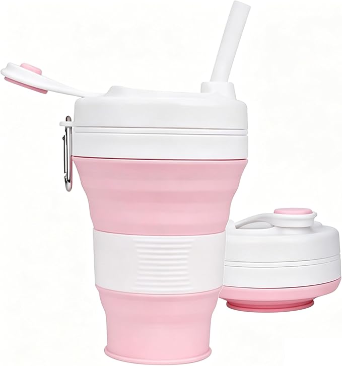 IYYI Collapsible Travel Cup, Silicone Coffee Cup with Lid, 20.3 oz Travel Coffee Mug with Straw, Folding Cup for Hiking Camping Office - Dishwasher Safe (Sakura Pink)