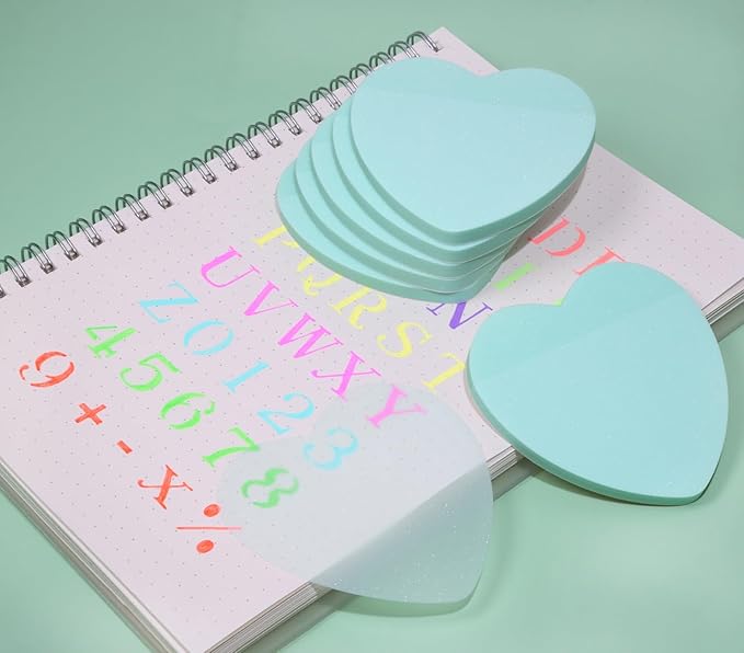 ONLYKXY Glitter Heart Shape Transparent Sticky Notes for Annotating,2.8in Pastel Color Waterproof Index Sticker Self-Stick Book Tabs Soft PET Marker Memo Pad for Home School Office (6, Green)