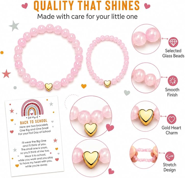 Back to School Bracelets Heart Matching Mommy and Me Elastic Wish Strings Bead Bracelets First Day of School Supplies Gifts