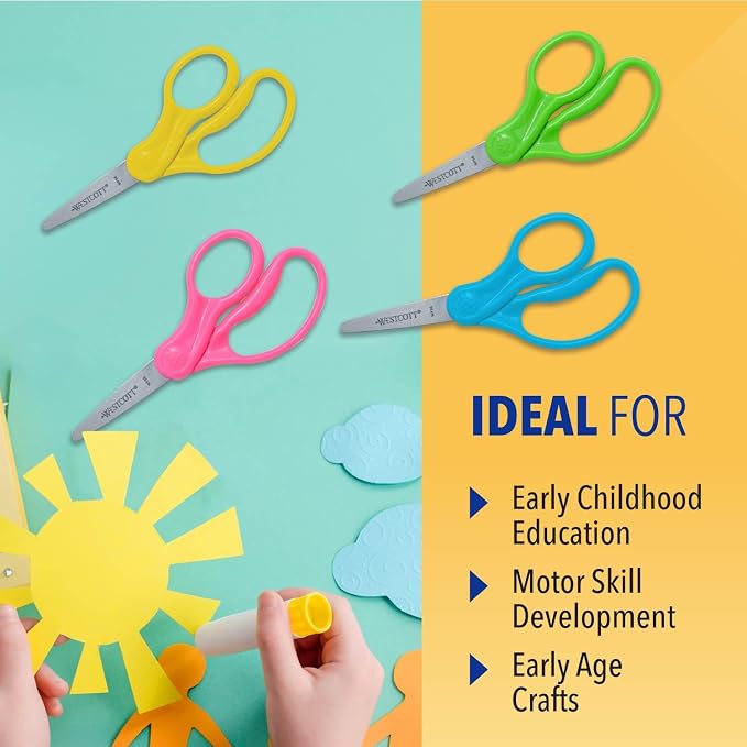 Westcott Right & Left-Handed Scissors For Kids - Back to School Essentials, Classroom Must Haves, Art Supplies - 5-Inch Pointed Safety Scissors - Assorted Colors - 6 Pack (16455)