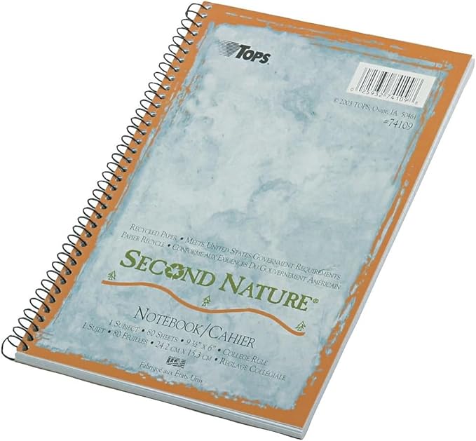 TOPS Second Nature Notebook, 9.5 x 6 Inch, College Ruled, 100% Recycled, 80 Sheets, Grey (74109)