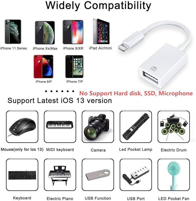 Apple MFi Certified Lightning to USB Camera Adapter for iPhone iPad Female USB 3.0 OTG Cable Adapter Support Connect Camera, Flash Drive, Card Reader, MIDI Keyboard, Mouse