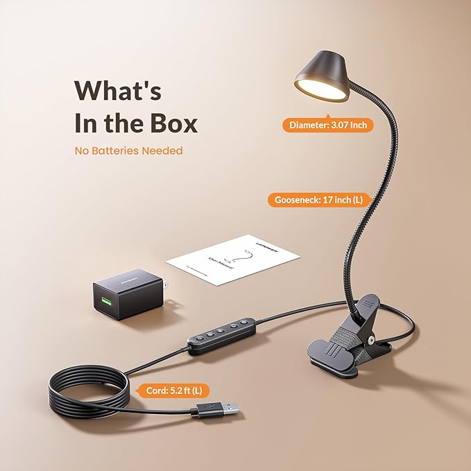 LEPOWER Clip on Light, 7W Reading Lights for Books in Bed with 5 Colors & Stepless Dimming, RG0 Eye-Care, Amber Glow Light & Auto Timer, Strong Clamp with Adapter for Headboard, Bedside, Desk, Black