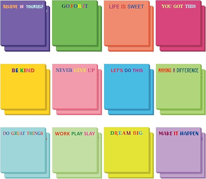 Yinder 24 Pcs Inspirational Sticky Notes Cute Motivational Sticky Notes Pad End of Year Employee Appreciation Gifts Bulk for Teacher Nurse Coworkers Office Supplies 3 x 3'' (Motivational,Bright Color)