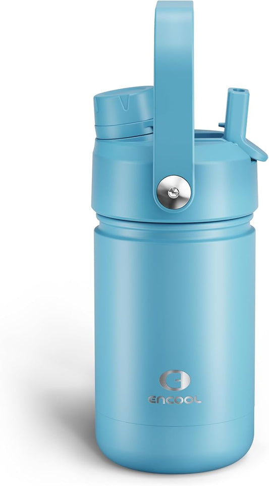 Kids Insulated Water Bottle with Straw - 12oz Stainless Steel Water Bottle with Dual Spouts, Leak-Proof, BPA-Free, Double Wall Vacuum Keeps Cold for 24 Hours for Sports, Travel, School (Pewter Blue)