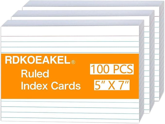100 Pack 5x7 Ruled Index Cards, Heavyweight 160g Large Lined Note Cards, White Study Flashcards for School, Office & Organization