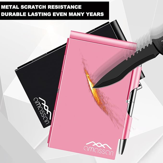 amassan Metal Pocket Notebook, Small Pocket Notepad Aluminum Note Case with Mini Metal Pen and 60-Page Sheets (Fuchsia)