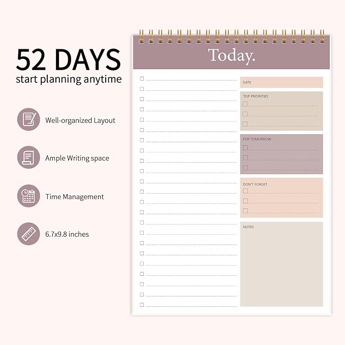 KMQOY To Do List Notepad - 2 Pack Daily Planner Pad Undated 52 Sheets Spiral Today Planner Note Pad Premium Thick Paper 6.5" x 9.8" For Work and Personal Organized - brown