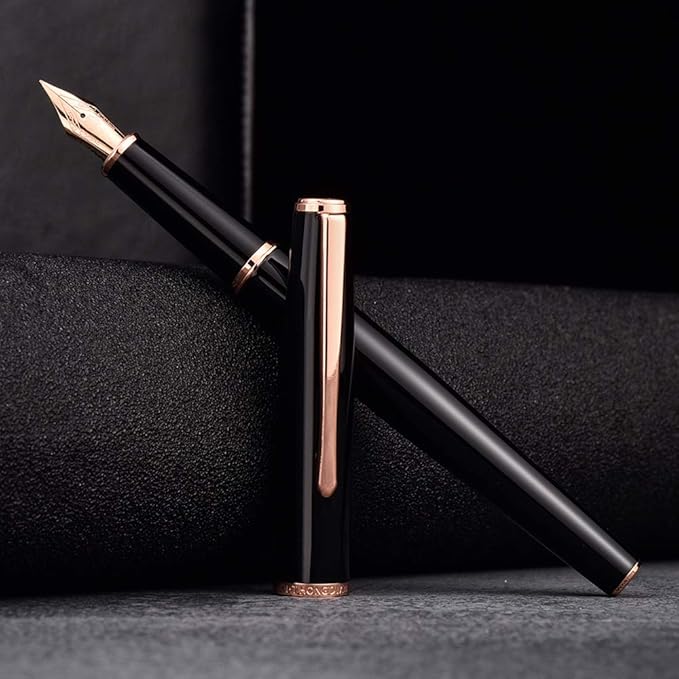 HongDian 920 Black Metal Fountain Pen, Rose Gold Plated Extra Fine Nib Smooth Writing Pen, Classic Pen with Ink Converter
