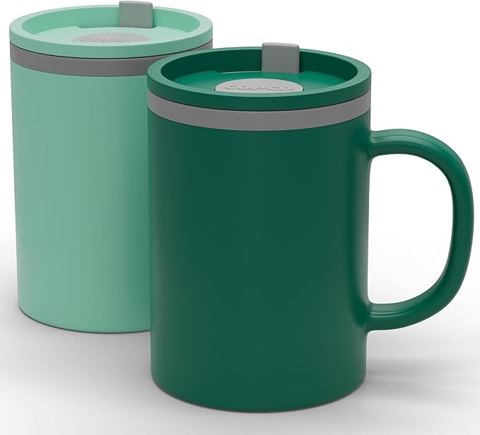 Copco Iconic 16oz Double Wall Insulated Desk Mug with Lid & Handle, Set of 2, BPA-Free Reusable Plastic, Spill-Resistant, Microwave & Dishwasher Safe, Wide Mouth (Green/Hunter Green)
