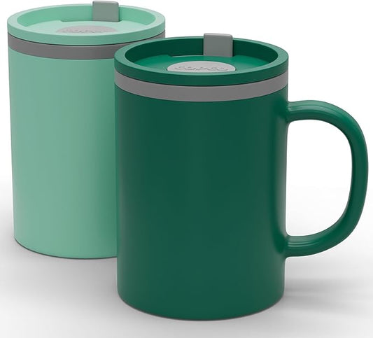 Copco Iconic 16oz Double Wall Insulated Desk Mug with Lid & Handle, Set of 2, BPA-Free Reusable Plastic, Spill-Resistant, Microwave & Dishwasher Safe, Wide Mouth (Green/Hunter Green)