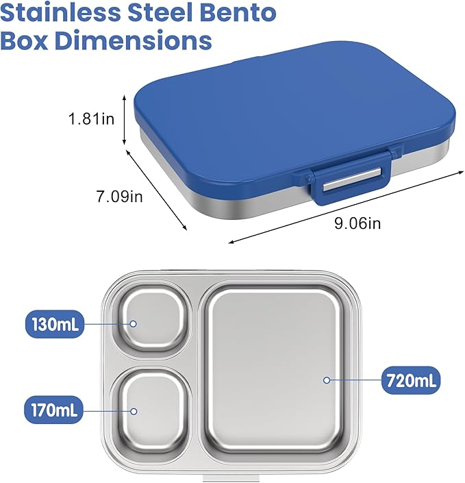 Pawtong Stainless Steel Bento Lunch Box for Kids | 3-Compartment Lunch Box Container Kids | 100% Leakproof, Eco-Friendly, Perfect Portion Control for Kids&Adult Healthy Meals (Blue)