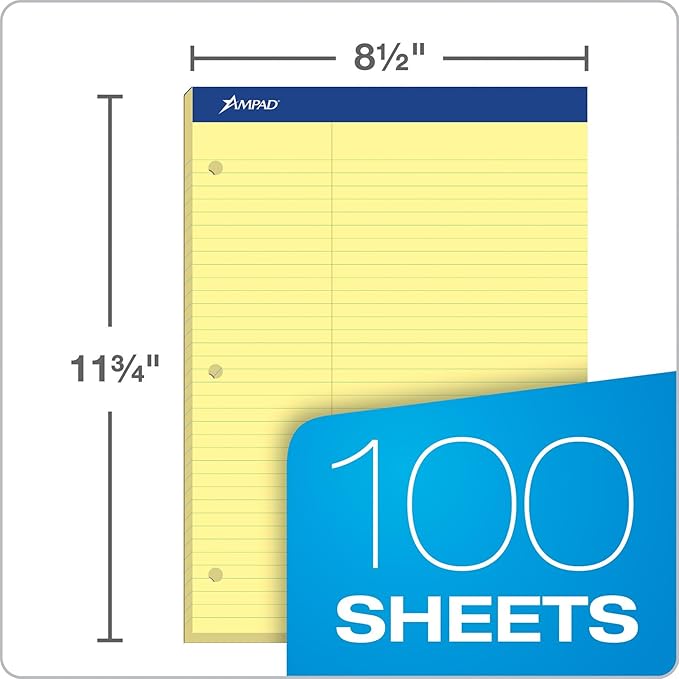 Ampad Double-Sheet Writing Pad, 8-1/2" x 11-3/4", Law Rule, Canary Paper, 3-Hole Punched, 100 Sheets (20-245)